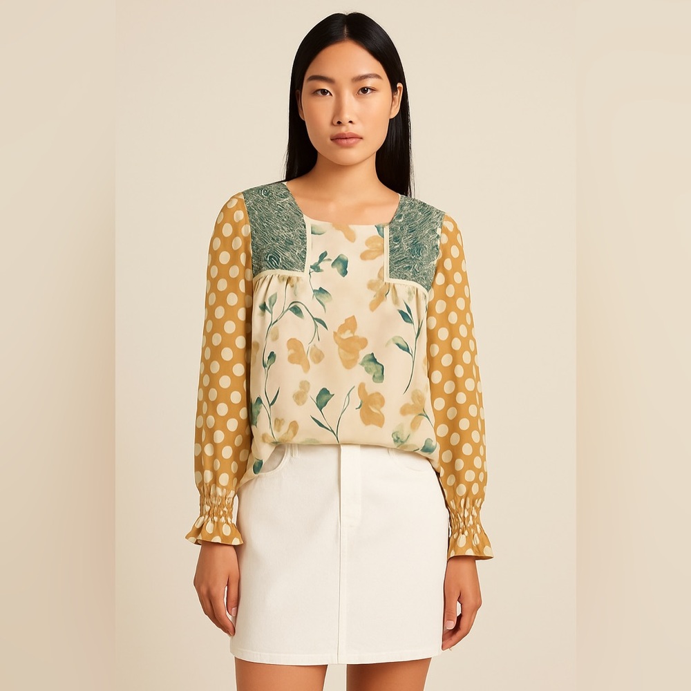 Cato‎ 14/16W Mixed Print Boho Floral & Polka Dot Long Sleeve Top